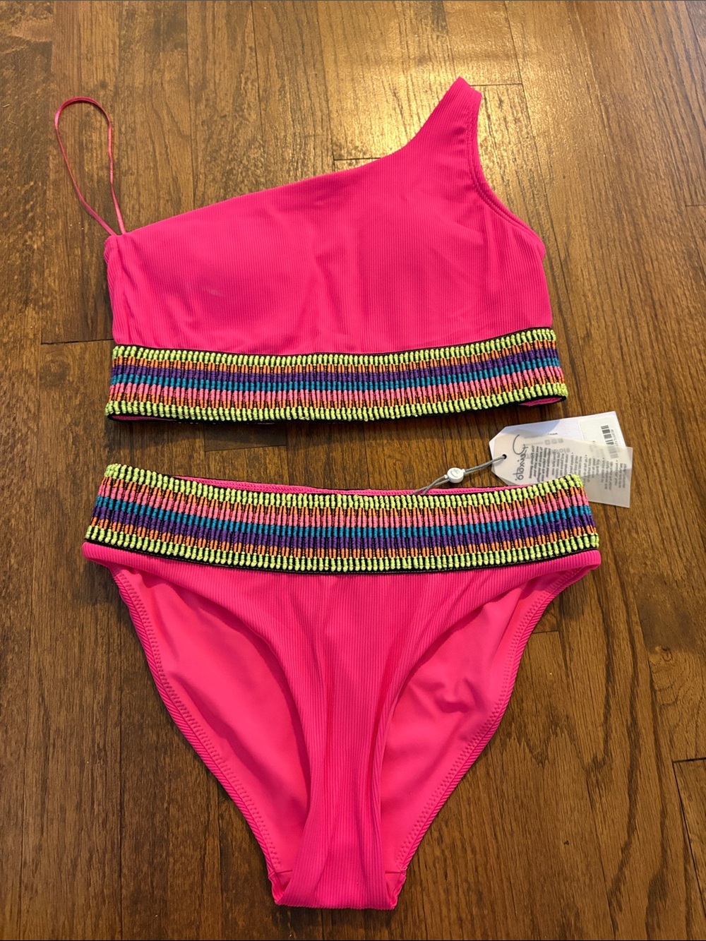 Peixoto Hot Pink One-Shoulder Bikini with Multicolor Trim